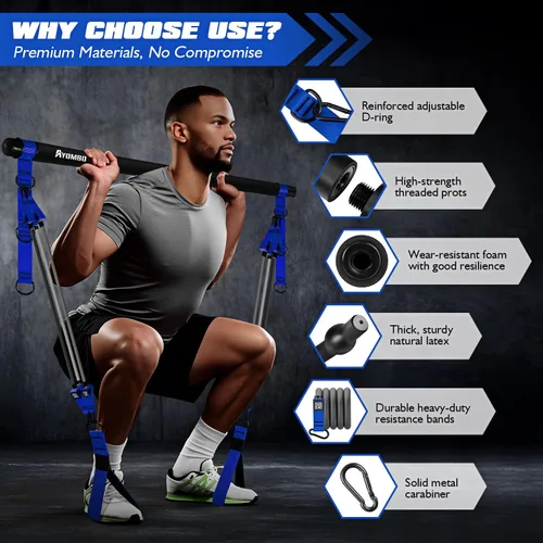 Vista 3 de Ayombo Pilates Equipment, Heavy Duty Pilates Bar Kit with Resistance Bands, Portable Gym Adjustable Exercise Bands, Home Squat Training, Arm, Abs