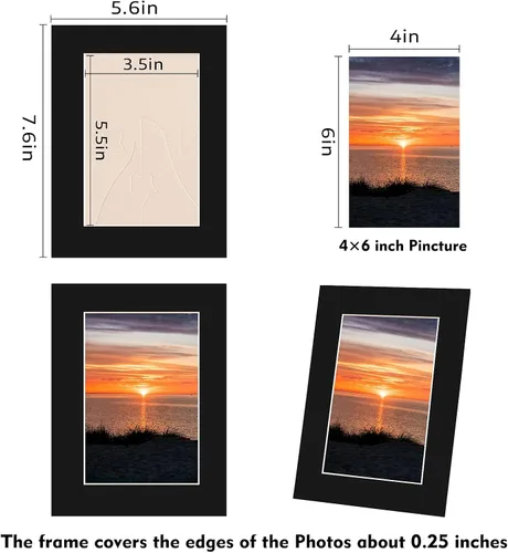 Vista 4 de Paquete de 10 marcos de fotos de papel negro para fotos de 4 x 6, sin ácidos, de 4 capas de grosor, con núcleo de marfil, corte biselado