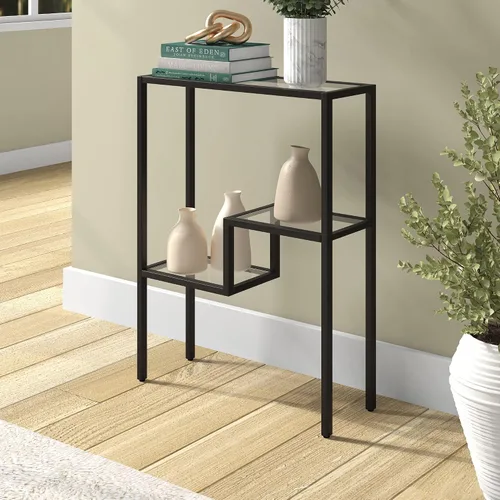 Vista 2 de Henn&Hart Mesa rectangular de vidrio estrecha de 22 pulgadas, mesa de entrada, mesa de sofá con estante de vidrio de dos niveles para entrada, sala