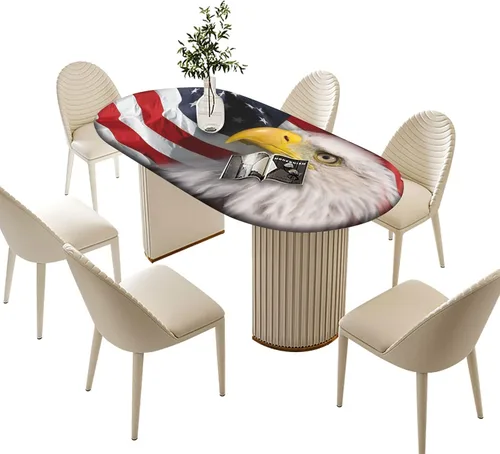Vista 2 de Manteles Ovalados Ajustables del 4 de Julio, Cubiertas de Mesa con Borde Elástico de Águila Calva Americana sobre Bandera, Se Ajusta a Mesas
