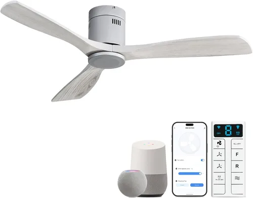 Vista 13 de Sofucor Ventiladores de techo inteligentes de 52 pulgadas con luces - montaje al ras de perfil bajo, modernos ventiladores de techo de madera maciza