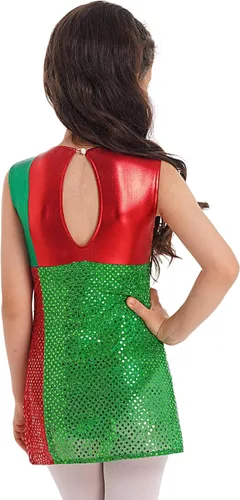 Vista 5 de JEATHA Vestido de leotardo de lentejuelas metálicas brillantes para niños y niñas, diseño de bloques de color a rayas, con lazo