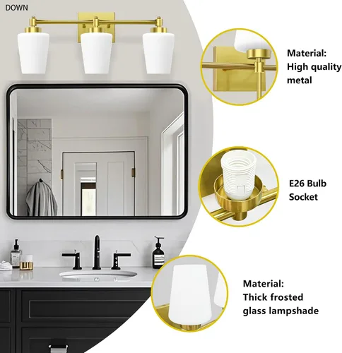 Vista 5 de Lámpara de baño de latón cepillado, 3 luces de 24 pulgadas, aplique de pared moderno con pantalla de vidrio para sobre el espejo, clasificación
