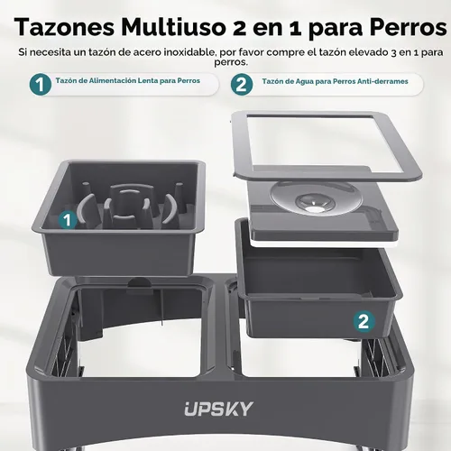 Vista 3 de UPSKY Cuencos para Perros Elevados 2-en-1 con Alimentador Lento, Soporte de Cuenco Elevado Ajustable en 4 Alturas, Cuencos para Perros sin Derrame
