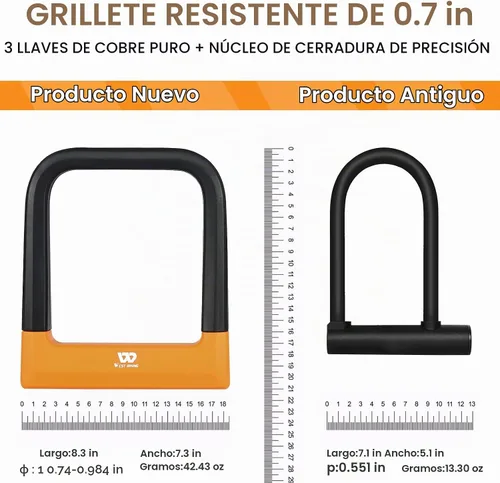 Vista 3 de Bloqueo en U de bicicleta antirrobo resistente con 3 llaves, 0.739 in, negro, 5.32 pulgadas de ancho Dimensión