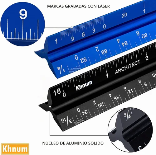 Vista 3 de Juego de reglas de escala arquitectónica e ingeniería de 12 pulgadas (imperial) Herramienta de dibujo triangular de aluminio con grabado láser