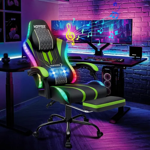 Vista 13 de HOFFREE Silla LED para juegos con altavoces, silla de computadora grande y alta con luces RGB, silla de juego Bluetooth con reposapiés, sillas