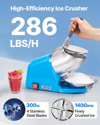 Vista 2 de VEVOR Máquina Trituradora de Hielo, 286 libras por hora, Fabricadora Eléctrica de Conos de Nieve de 4 Cuchillas, Máquina de Hielo Raspado de Acero