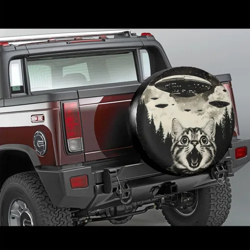 Vista 2 de Cool Cat and UFO Spare Tire Cover Wheel Protectors Dust-Proof Wheel Tire Cover Fit Trailer, Rv, Sand Many Vehicle 14inch