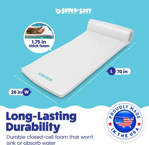 Vista 3 de TRC Recreation Sunsation 1.75" Thick Foam Pool Float Lounger, White w/Headrest for Lounging & Sunbathing in Swimming Pools, Beaches & Lakes, 70" x
