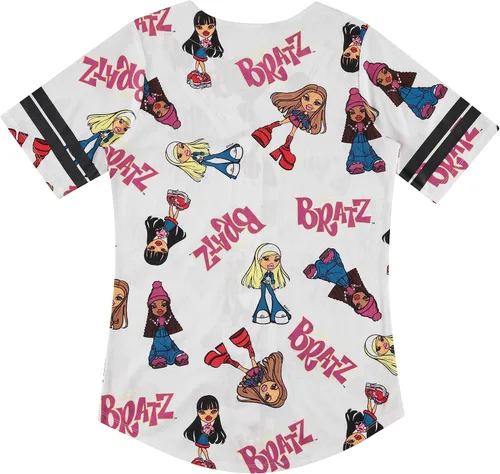Vista 2 de Bratz Camiseta de béisbol para mujer, diseño de Yasmin, Cloe, Jade y Sasha con botones de malla