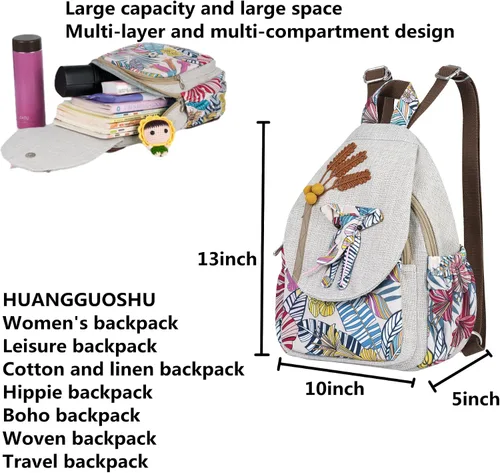 Vista 185 de HUANGGUOSHU Mochila de algodón tejida de algodón bohemio con bordado de lona estilo bohemio con múltiples bolsillos retro linda mochila cartera
