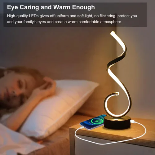 Vista 5 de Juego de 2 lámparas de mesa LED en espiral modernas, lámpara de mesa de control táctil de 10 W con puertos de carga USB, regulable, 3 modos de Negro
