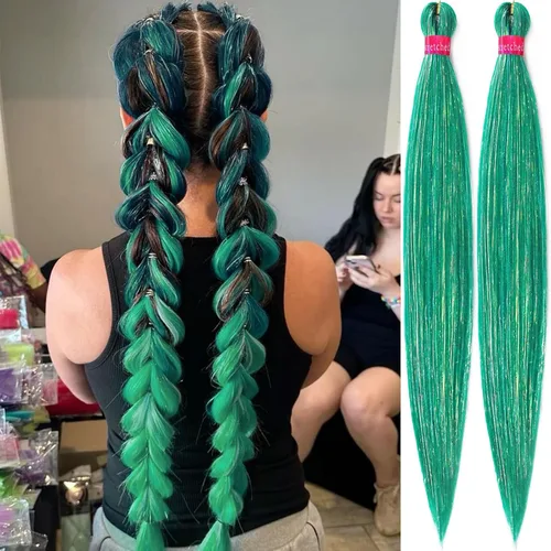 Vista 45 de Cabello trenzado verde con lentejuelas de 26 pulgadas, preestirado, trenzas de textura Yaki, extensiones de cabello pre plumadas, 3 paquetes, fácil