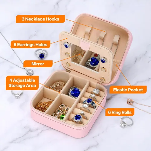Vista 3 de Joyero pequeño organizador de viaje con espejo, regalos de moda para mujeres y adolescentes, estuche de viaje portátil de doble capa, cajas