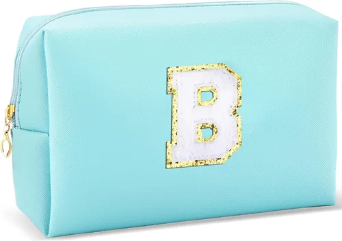 Vista 16 de URSKYTOUS Regalos para niñas, bolsa de maquillaje con inicial, bolsa de cosméticos personalizada con cremallera, bonita bolsa de aseo de viaje, Azul