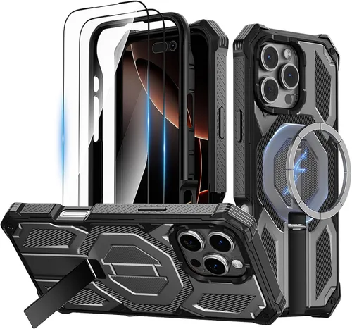 Vista 17 de Funda magnética para iPhone 15 con soporte y protector de pantalla [compatible con Magsafe] antideslizante, cuerpo completo, doble capa, resistente