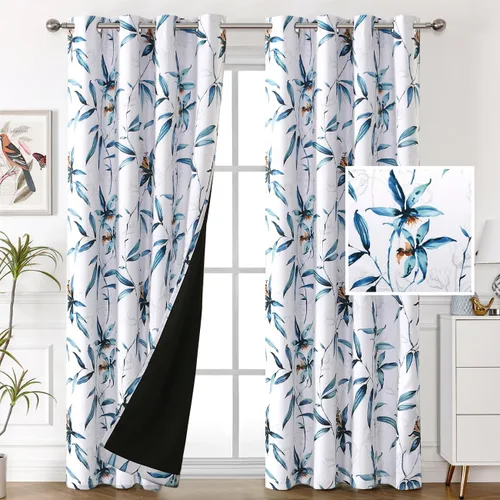 Vista 19 de H.VERSAILTEX Cortinas 100% opacas de 63 pulgadas de largo, juego de 2 paneles de cortinas estampadas con aislamiento térmico para dormitorio