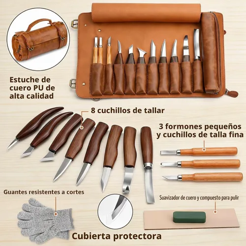 Vista 4 de Tekchic Kit de tallado de madera Cuchillo de corte de lujo, juego de Marrón