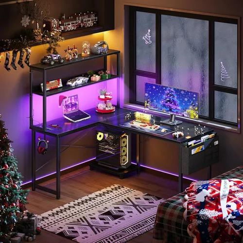 Vista 2 de ODK Escritorio en forma de L de 43 pulgadas con iluminación LED, escritorio reversible para juegos con tomas de corriente, mesa de computadora