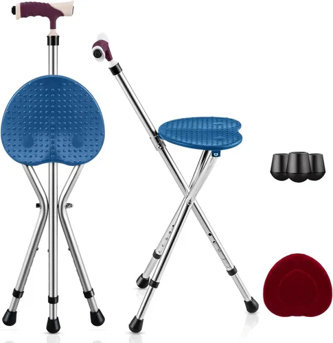 Vista 8 de GYMAX Combo de silla de bastón, asiento plegable de caña con luz LED, tabla de asiento de masaje y mango ergonómico, bastón antideslizante ajustable