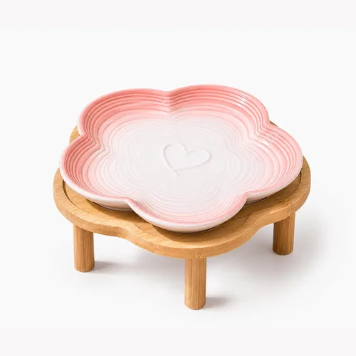 Vista 10 de PawsPik Plato de cerámica para gatos con soporte de bambú elevado, color Rosa