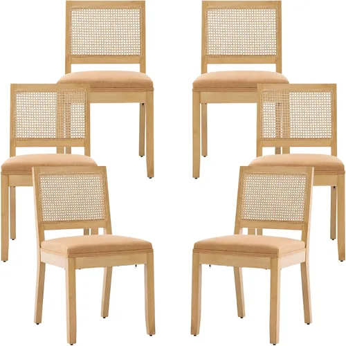 Vista 25 de ODUSE-DAILY Juego de 2 sillas de comedor French Country color beige, sillas de comedor de madera bohemia con respaldo tejido y asiento tapizado