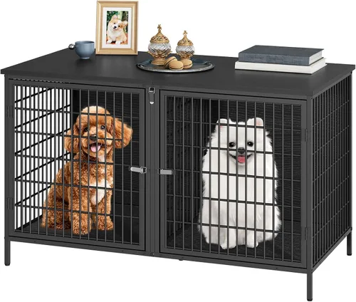 Vista 8 de MAHANCRIS Mueble de jaula para perros para 2 perros, perrera de 43.3 pulgadas con divisor extraíble, muebles para perros resistentes y resistentes