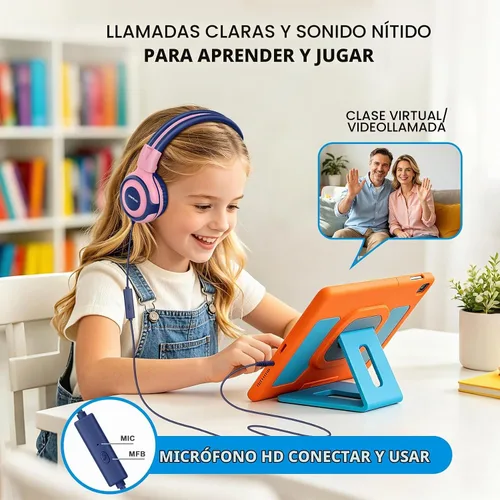 Vista 4 de SIMOLIO Auriculares para niños con 75 dB, 85 dB, 94 dB de volumen limitado y compartido, auriculares para niñas con micrófono, auriculares duraderos