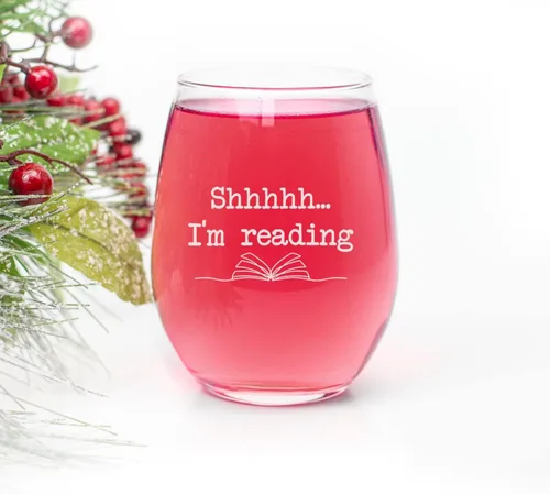 Vista 2 de HTDesigns Copa de vino sin tallo Shhh Im Reading - Regalo de gusano de libro - Copa de vino para lector - Regalo para amantes de los libros