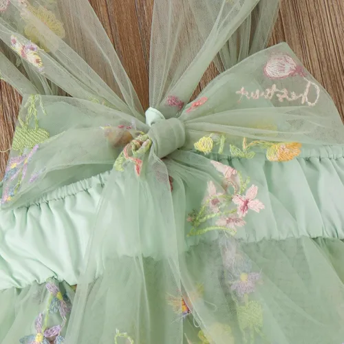Vista 5 de IDOPIP Conjunto de 2 piezas para bebé recién nacido, con diadema, bordado de flores, tutú, princesa, fiesta de cumpleaños, conjunto de ropa