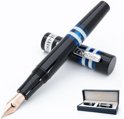 Vista 7 de Conklin Toledo - Pluma estilográfica en negro con segmentos de anillo azul y blanco, punta media, pluma estilográfica de lujo con detalles cromados
