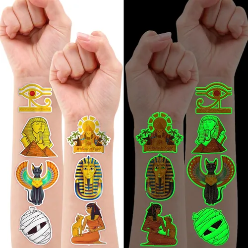 Vista 2 de 96 piezas de tatuajes temporales precortados del antiguo Egipto que brillan en la oscuridad, decoración de fiesta de cumpleaños, suministros