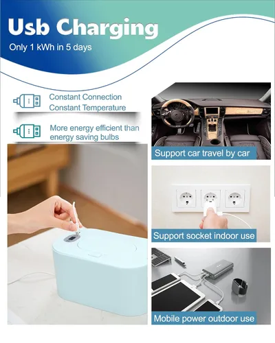 Vista 7 de Calentador de Toallitas para Bebé, Dispensador Portátil de Toallitas Húmedas con Alimentación USB y Control de Temperatura, Calentador de Toallas