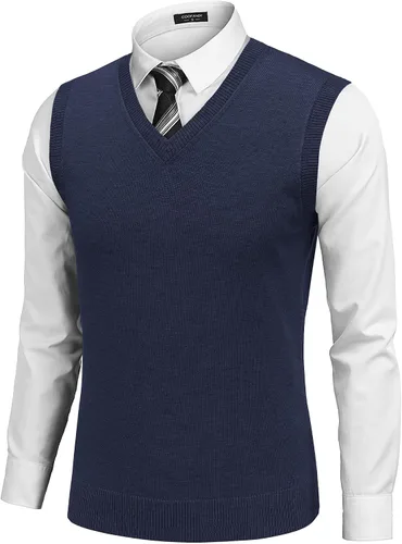 Vista 10 de COOFANDY Suéter sin mangas para hombre, chaleco con cuello en V, jersey de algodón sólido Azul claro
