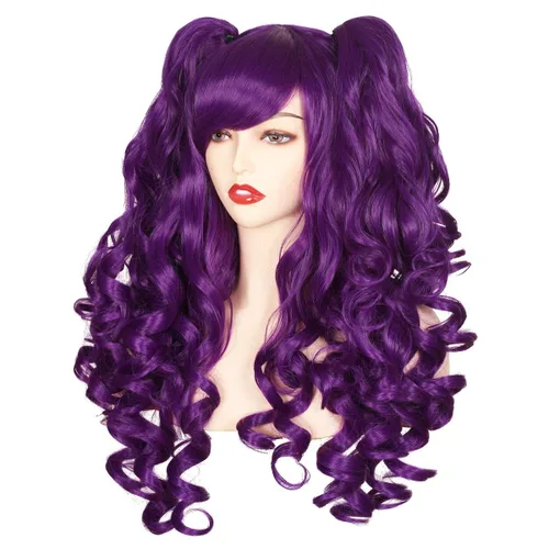 Vista 16 de ColorGround Peluca larga y rizada para cosplay con 2 colas de caballo (azul celeste)