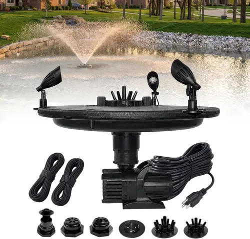 Vista 17 de Fuente flotante y aireador de 1/2 HP para estanques y lagos con cable de 100 pies 6,100 GPH, 9 spray patterns, Color-changing LED lights