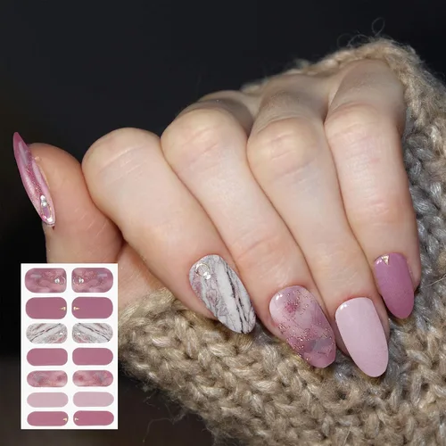 Vista 5 de 140 piezas, 10 hojas de calcomanías de uñas de envoltura completa, tiras de esmalte con degradado, calcomanías autoadhesivas con purpurina, tiras