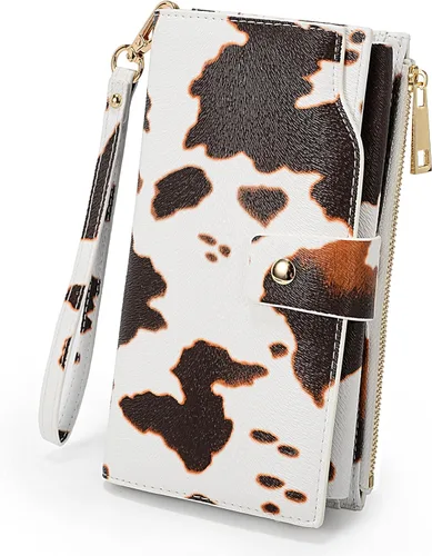Vista 20 de UTO Cartera de cuero vegano para mujer, cartera larga con broche de presión, tarjetero de crédito, elegante embrague 0153 Gris
