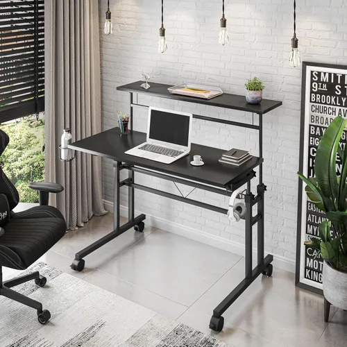Vista 2 de Techni Mobili Escritorio con ruedas de altura ajustable con soporte para tazas, color negro