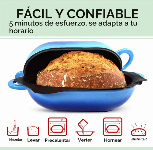 Vista 2 de LoafNest: Kit de pan artesanal increíblemente fácil. Horno holandés de hierro fundido [gradiente azul] y forro de silicona antiadherente perforado.