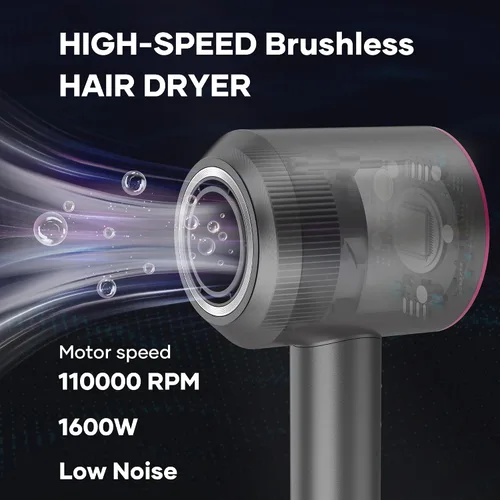 Vista 2 de Secador de pelo de secado rápido de 1600 W, secador iónico negativo con motor digital potente sin escobillas de alta velocidad de 110,000 RPM