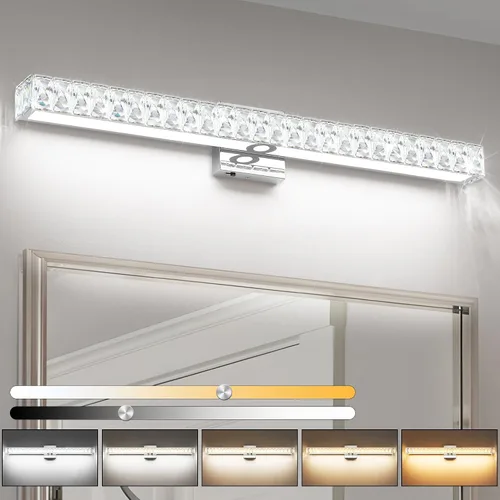 Vista 15 de SOLFART Lámpara de baño, accesorios de iluminación de tocador de cristal, luces LED modernas sobre espejo, lámpara de baño de 60 cm, cromada Luz