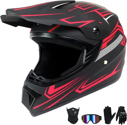 Vista 12 de Casco de motocross para niños jóvenes, casco de motocicleta todoterreno con (gafas, guantes, máscara), juego de 4 piezas, casco de cara completa
