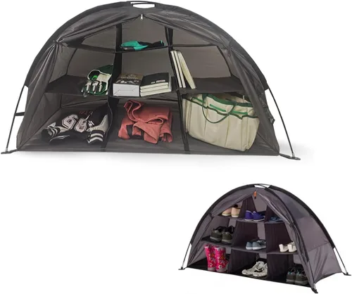 Vista 7 de Tienda organizadora de zapatos RV con 9 estantes, tienda de campaña de almacenamiento al aire libre con solapa con cremallera, almacenamiento de 9