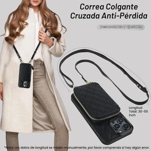 Vista 6 de Bocasal Funda tipo cartera cruzada para iPhone 14 Pro Max, con bloqueo RFID, de piel sintética, con cremallera, funda tipo cartera con función atril