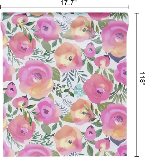 Vista 9 de WENMER Papel tapiz floral para despegar y pegar de 17.7 x 118 pulgadas, acuarela decorativa de flores rosas durazno, extraíble, para tocador