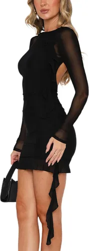 Vista 3 de HYPERFIRE Minivestido ajustado de malla con volantes y manga larga con cuello redondo y espalda abierta para mujer