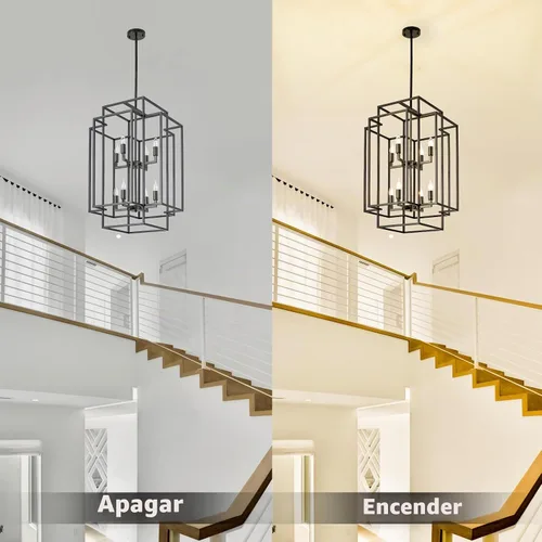 Vista 7 de Candelabro Negro de Granja, Candelabros Grandes para Techos Altos, Lámpara Colgante de Linterna Escalonada de 8 Luces, Accesorios de Iluminación