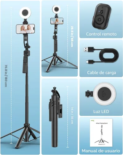 Vista 9 de Acer Gadget - Trípode de seguimiento facial automático para iPhone/teléfono celular/Android/cámara con luz y control remoto, 64 pulgadas, sin